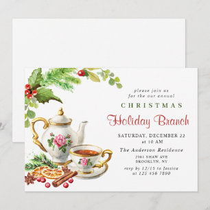 Festive Holly Berry Christmas Holiday Branch Invitation