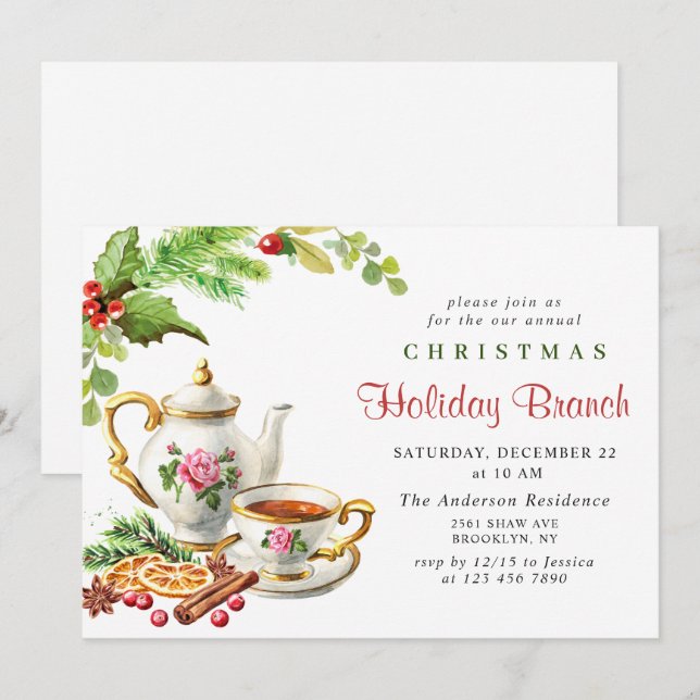 Festive Holly Berry Christmas Holiday Branch Invitation (Front/Back)