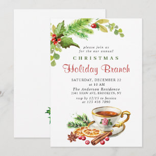 Festive Holly Berry Christmas Holiday Branch Invitation