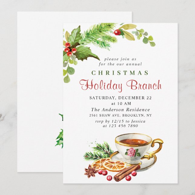 Festive Holly Berry Christmas Holiday Branch Invitation (Front/Back)