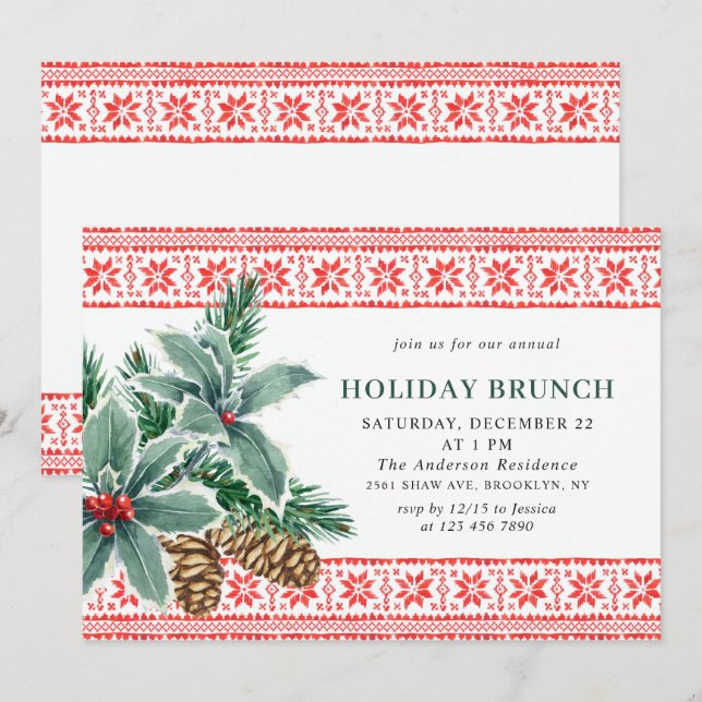 Festive Holly Berry CHRISTMAS HOLIDAY BRUNCH Invitation (Front/Back)