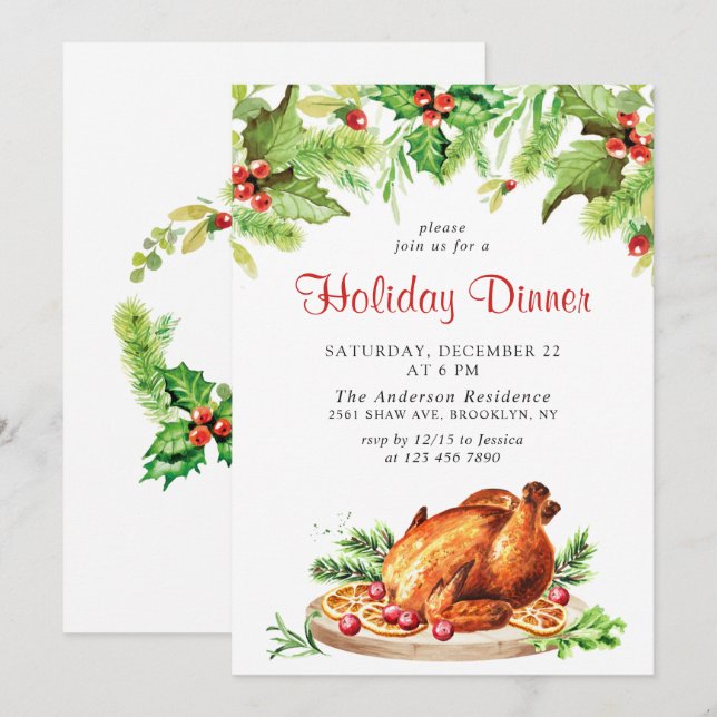 Festive Holly Berry Christmas Holiday Dinner Invitation (Front/Back)