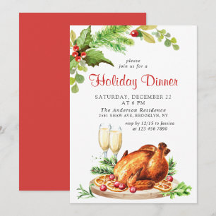 Festive Holly Berry Christmas Holiday Dinner Invitation