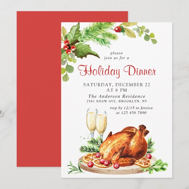 Festive Holly Berry Christmas Holiday Dinner Invitation (Front/Back)