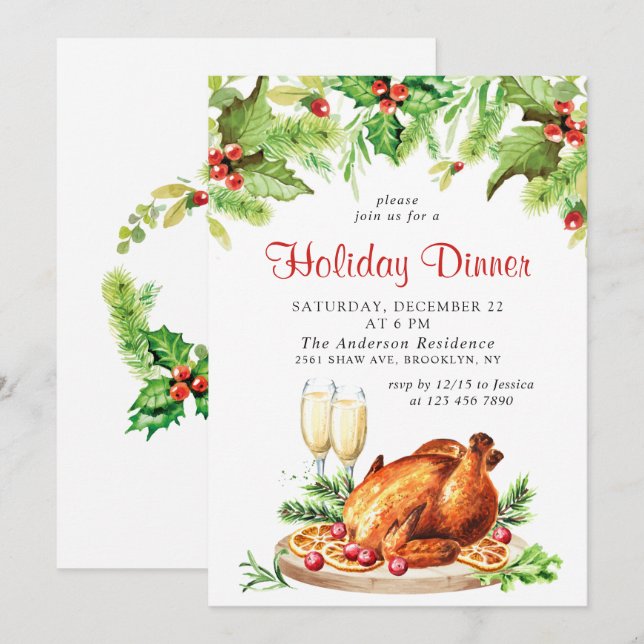 Festive Holly Berry Christmas Holiday Dinner Invitation (Front/Back)