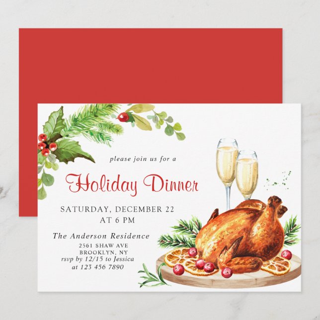 Festive Holly Berry Christmas Holiday Dinner Invitation (Front/Back)