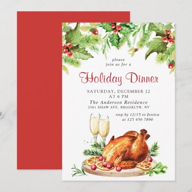 Festive Holly Berry Christmas Holiday Dinner Party Invitation (Front/Back)