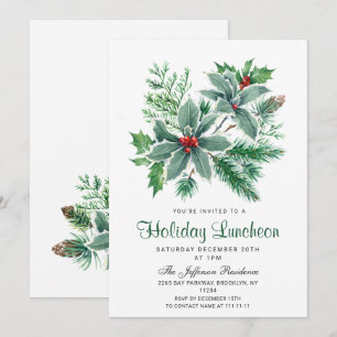 Festive Holly Berry Christmas Holiday Luncheon Invitation