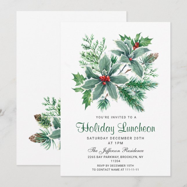 Festive Holly Berry Christmas Holiday Luncheon Invitation (Front/Back)