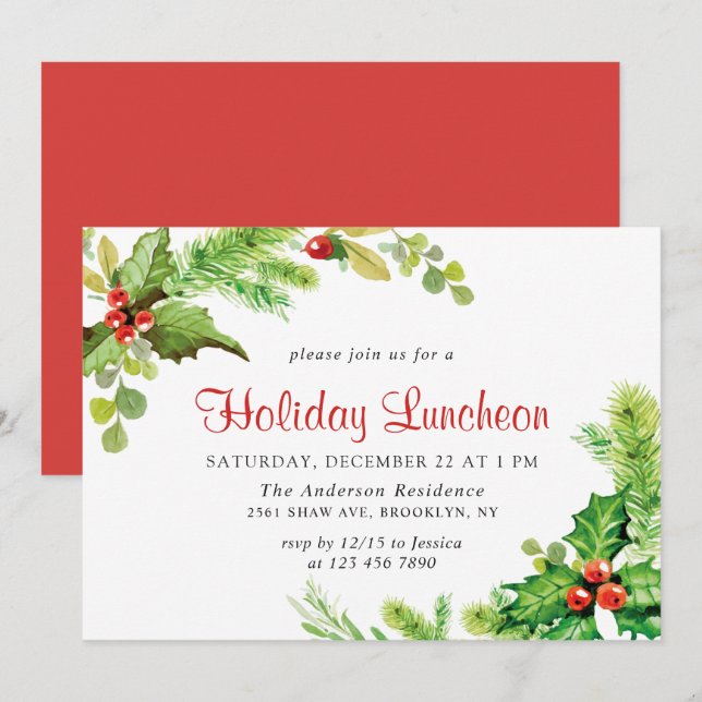 Festive Holly Berry Christmas Holiday Luncheon Invitation (Front/Back)