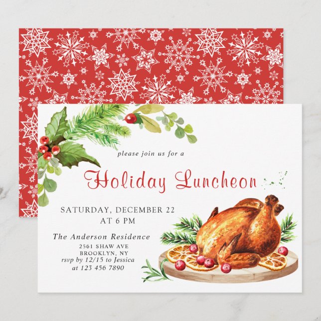 Festive Holly Berry Christmas Holiday Luncheon Invitation (Front/Back)