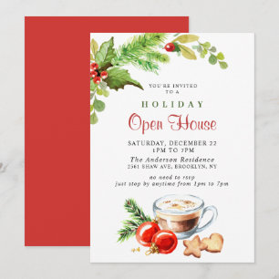 Festive Holly Berry Christmas Holiday Open House Invitation