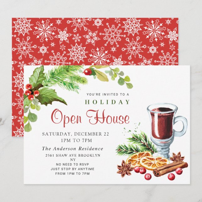 Festive Holly Berry Christmas Holiday Open House Invitation (Front/Back)