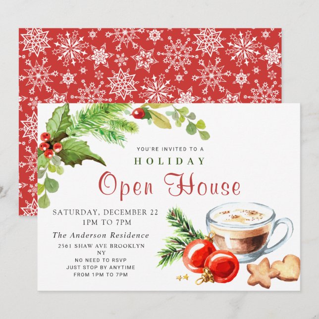 Festive Holly Berry Christmas Holiday Open House Invitation (Front/Back)