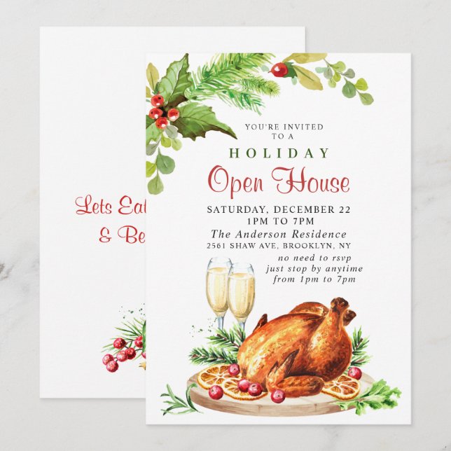 Festive Holly Berry Christmas Holiday Open House Invitation (Front/Back)