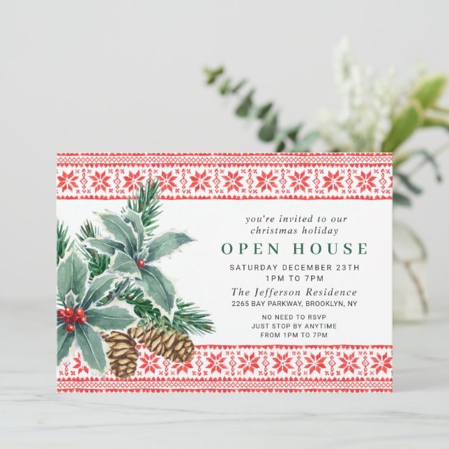 Festive Holly Berry Christmas HOLIDAY OPEN HOUSE Invitation (Standing Front)