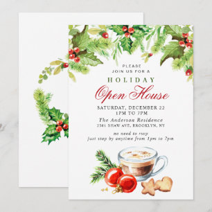 Festive Holly Berry Christmas Holiday Open House Invitation