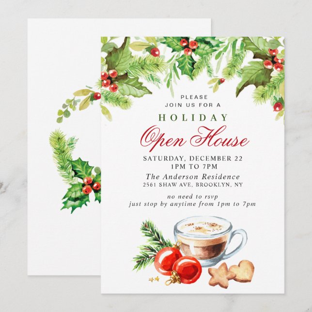 Festive Holly Berry Christmas Holiday Open House Invitation (Front/Back)