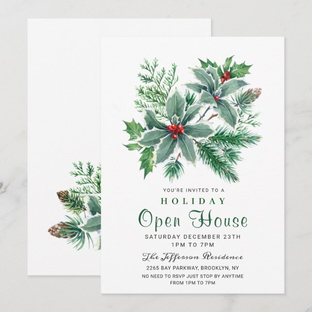 Festive Holly Berry Christmas Holiday Open House Invitation (Front/Back)