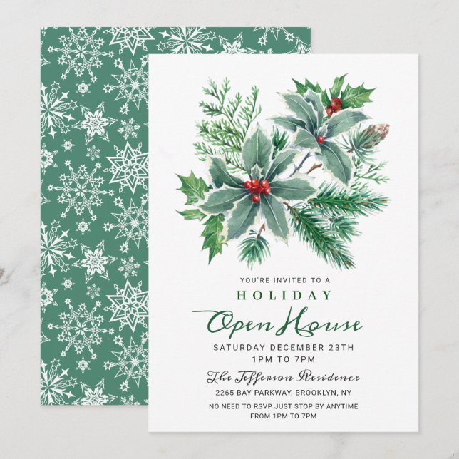 Festive Holly Berry Christmas Holiday Open House Invitation (Front/Back)