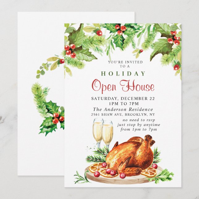 Festive Holly Berry Christmas Holiday Open House Invitation (Front/Back)