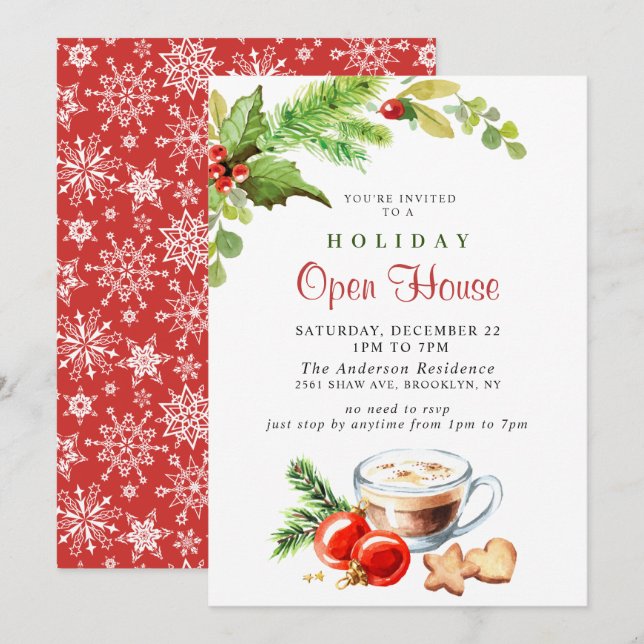 Festive Holly Berry Christmas Holiday Open House Invitation (Front/Back)