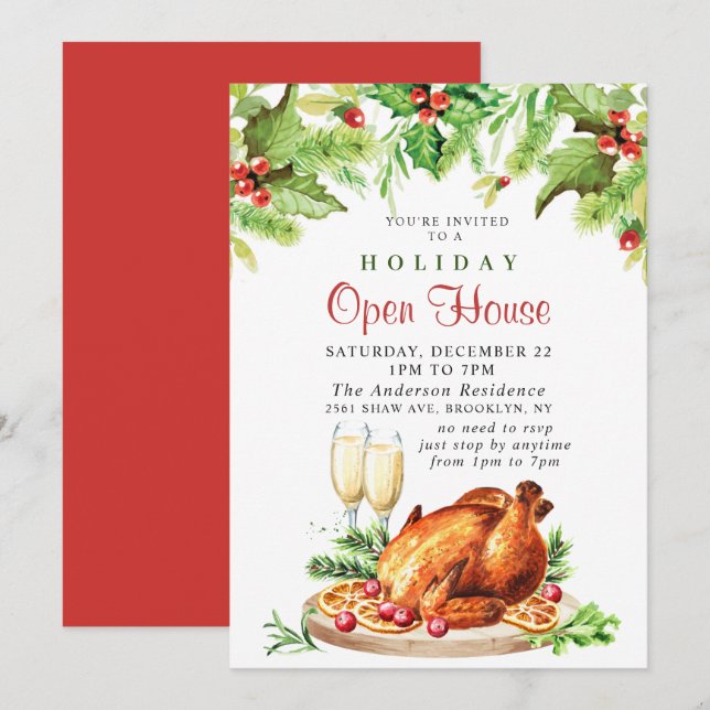 Festive Holly Berry Christmas Holiday Open House Invitation (Front/Back)