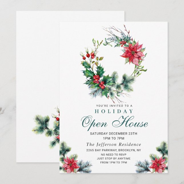 Festive Holly Berry Christmas Holiday Open House Invitation (Front/Back)