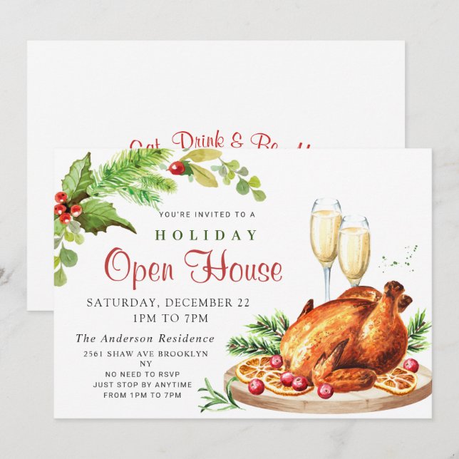 Festive Holly Berry Christmas Holiday Open House Invitation (Front/Back)