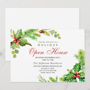 Festive Holly Berry Christmas Holiday Open House Invitation