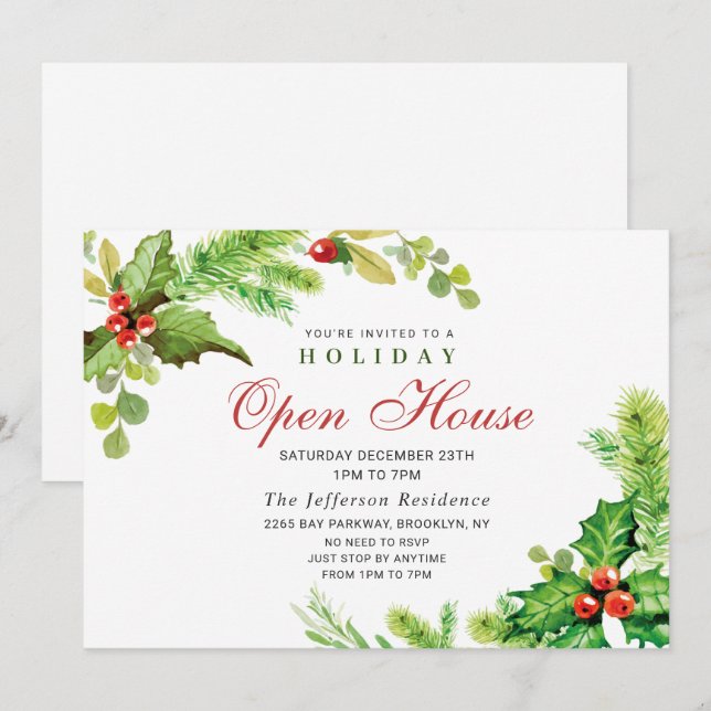 Festive Holly Berry Christmas Holiday Open House Invitation (Front/Back)