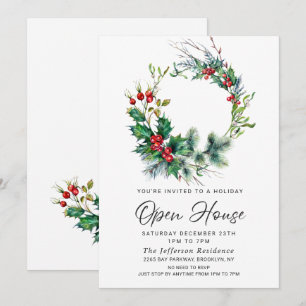 Festive Holly Berry Christmas Holiday Open House Invitation