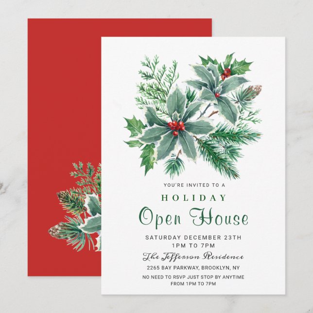 Festive Holly Berry Christmas Holiday Open House Invitation (Front/Back)