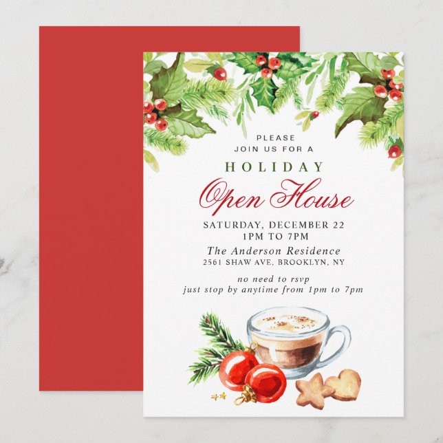 Festive Holly Berry Christmas Holiday Open House Invitation (Front/Back)