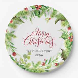 Festive Holly Berry Christmas Holiday Party Paper Plate