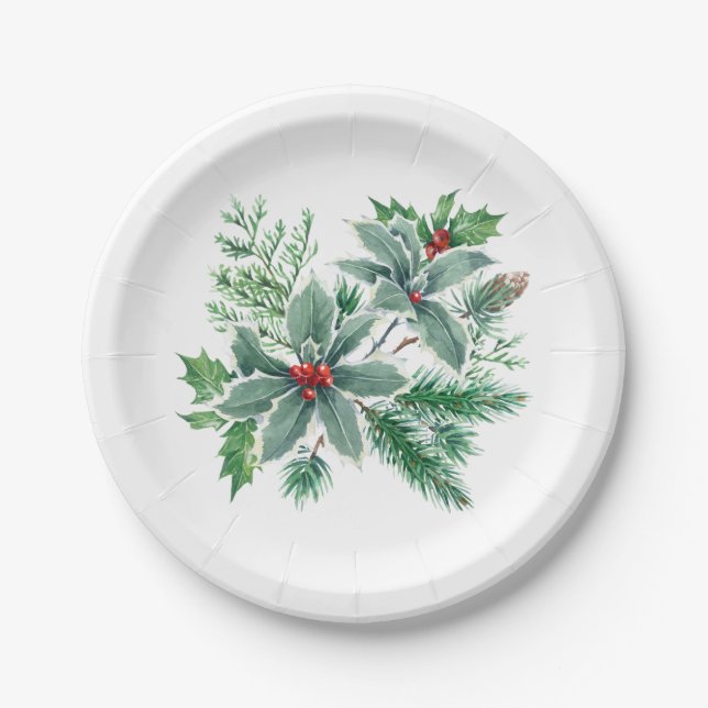 Festive Holly Berry Christmas Holiday Party Paper Plate (Front)