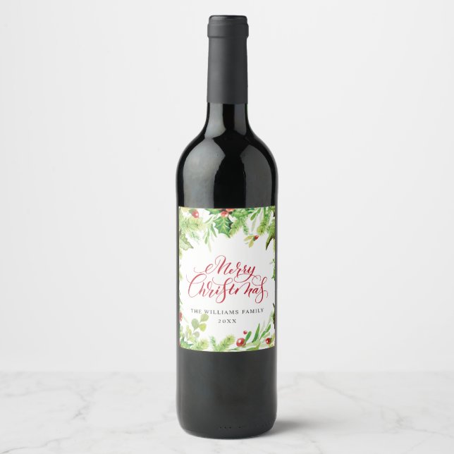 Festive Holly Berry Christmas Holiday Party Wine Label (Front)