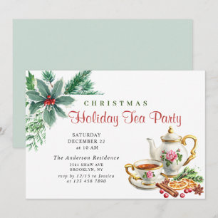 Festive Holly Berry Christmas Holiday Tea Party Invitation