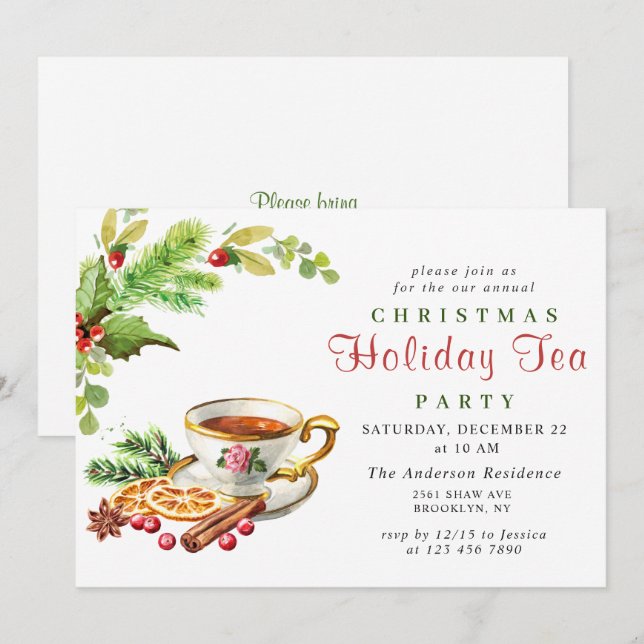 Festive Holly Berry Christmas Holiday Tea Party Invitation (Front/Back)
