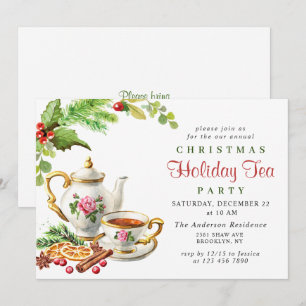 Festive Holly Berry Christmas Holiday Tea Party Invitation