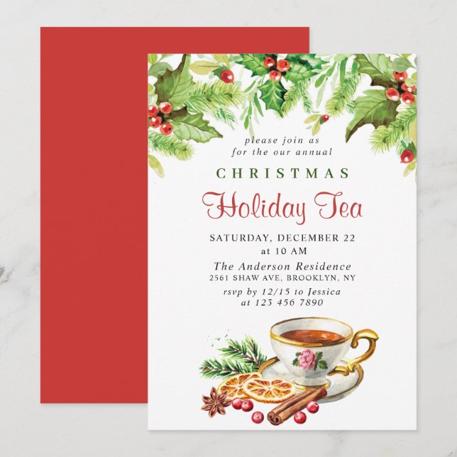 Festive Holly Berry Christmas Holiday Tea Party Invitation (Front/Back)