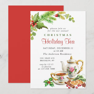 Festive Holly Berry Christmas Holiday Tea Party Invitation