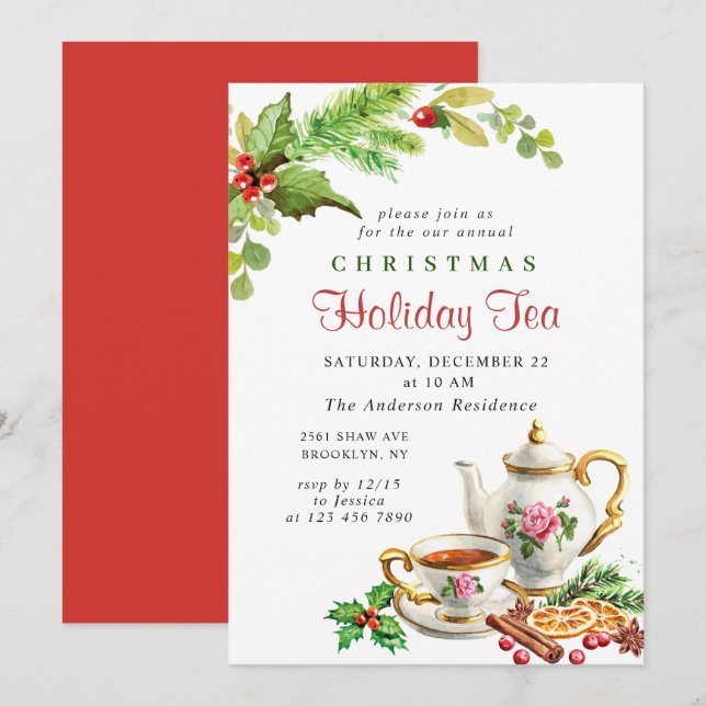 Festive Holly Berry Christmas Holiday Tea Party Invitation (Front/Back)