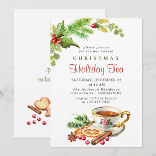 Festive Holly Berry Christmas Holiday Tea Party Invitation