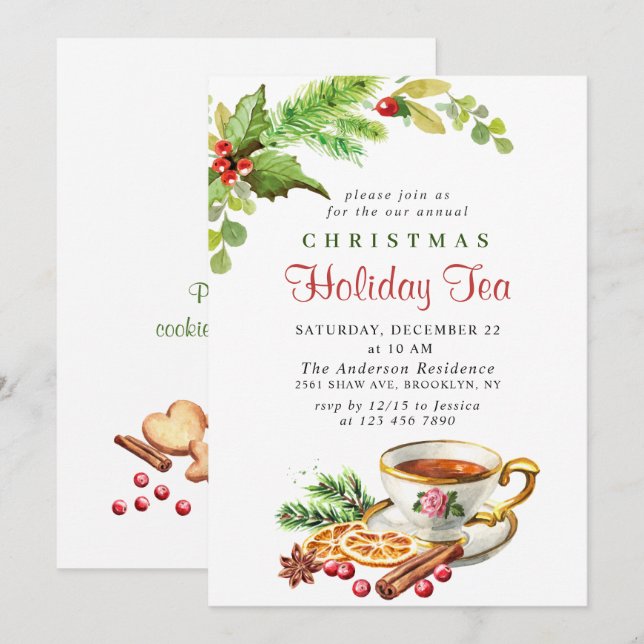 Festive Holly Berry Christmas Holiday Tea Party Invitation (Front/Back)