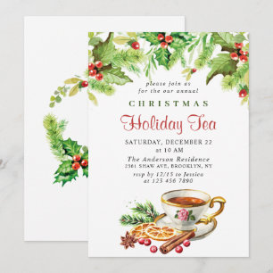 Festive Holly Berry Christmas Holiday Tea Party Invitation