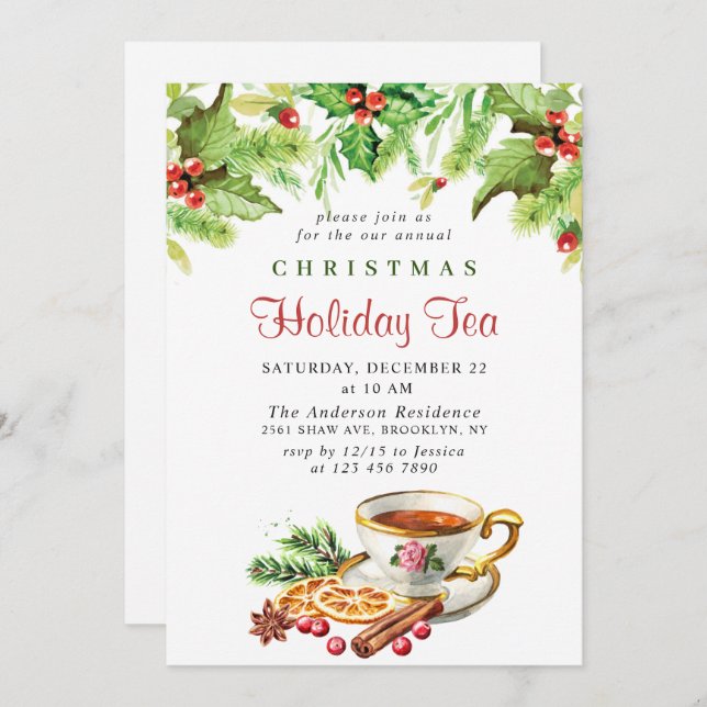 Festive Holly Berry Christmas Holiday Tea Party Invitation (Front/Back)