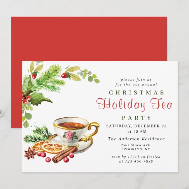 Festive Holly Berry Christmas Holiday Tea Party Invitation (Front/Back)