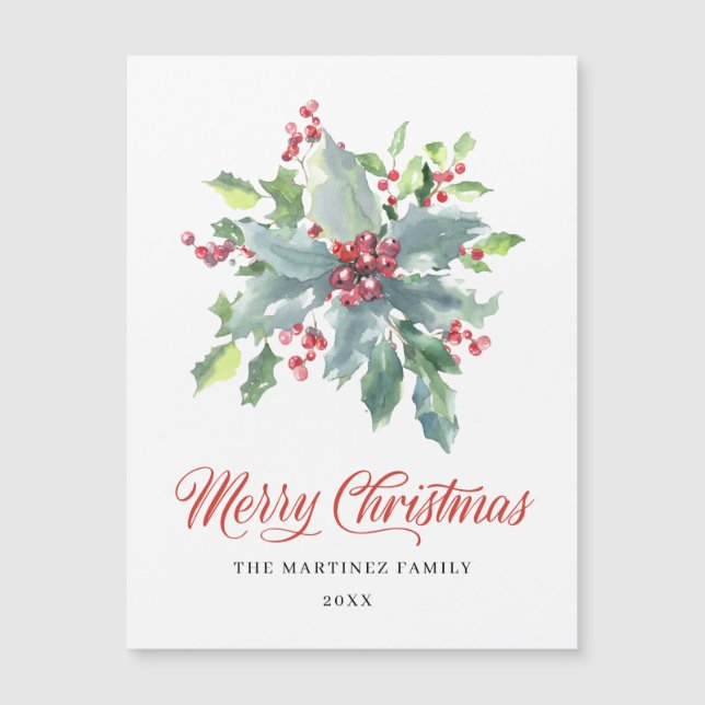 Festive Holly Berry Christmas Magnetic Card (Front)