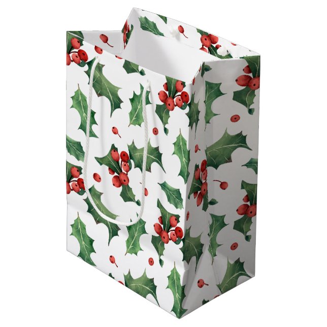 Festive Holly Berry Christmas Medium Gift Bag (Front Angled)